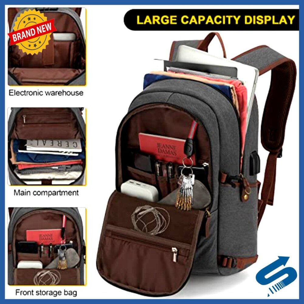 Canvas Laptop Backpack Anti-Theft Travel Work Bag USB Charging Port Lock - Picture 4 of 7